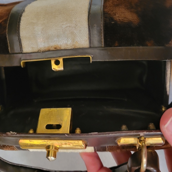 Brown and Cream Satchel with Gold-Tone Frame - Picture 3 of 11